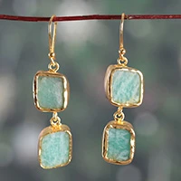 Amazonite dangle earrings, 'Ocean Foam' - Statement Brass Earrings with Freeform Amazonite Stones