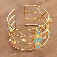 Chalcedony cuff bracelet, 'Art Deco Chic' - Art Deco-Inspired Modern Chalcedony Brass Cuff Bracelet