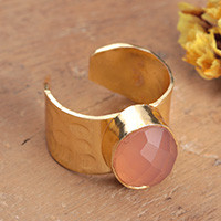 Chalcedony wrap cocktail ring, 'Pink Glow' - Modern Hammered Pink Chalcedony Brass Wrap Cocktail Ring