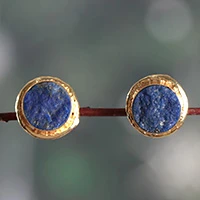 Lapis lazuli button earrings, 'Classic Blue' - Brass Button Earrings with Freeform Lapis Lazuli Stones