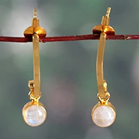 Rainbow moonstone dangle earrings, 'Stylized Iridescence' - Matte Brass Rainbow Moonstone Dangle Earrings from India