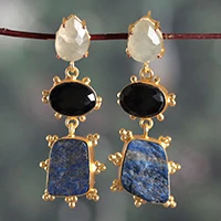 Multi-gemstone statement earrings, 'Bollywood Flair' - Bollywood-Inspired Multi-Gemstone Brass Statement Earrings