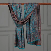 Modal shawl, 'Paisley Reverie' - Red and Turquoise Paisley-Themed Modal Shawl with Fringes