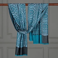 Modal shawl, 'Teal Floral Damask' - Jacquard Modal Shawl with Floral Medallion Patterns in Teal