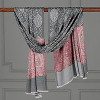 Modal shawl, 'Charcoal Blush Paisley' - Paisely and Vine-Themed Jacquard Modal Shawl from India