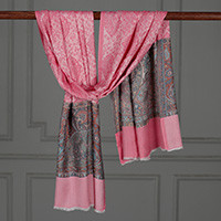 Modal shawl, 'Coral Bloom Paisley' - Paisley and Leaf-Patterned Grey Pink Jacquard Modal Shawl