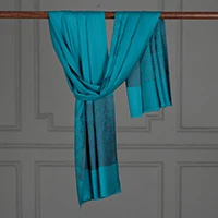 Modal shawl, 'Teal Heritage' - Paisley-Themed Teal Jacquard Woven Fringed Modal Shawl
