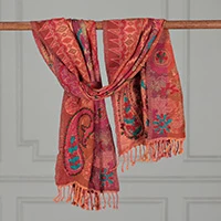 Wool scarf, 'Crimson Garden' - Embroidered Patchwork Jacquard Floral and Paisley Wool Scarf