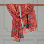 Wool scarf, 'Crimson Garden' - Embroidered Patchwork Jacquard Floral and Paisley Wool Scarf