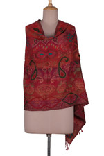 Wool scarf, 'Crimson Garden' - Embroidered Patchwork Jacquard Floral and Paisley Wool Scarf