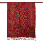 Wool scarf, 'Crimson Garden' - Embroidered Patchwork Jacquard Floral and Paisley Wool Scarf