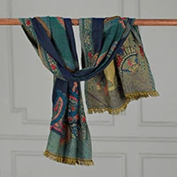 Wool scarf, 'Emerald Dusk' - Jacquard Wool Scarf with Hand-Stitched Chain Embroidery