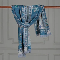 Wool shawl, 'Blue Meadow' - Blue Hand-Embroidered Jacquard Floral and Leaf Wool Shawl