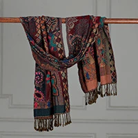 Wool scarf, 'Heritage Mosaic' - Embroidered Patchwork Jacquard Fringed Wool Scarf and Shawl