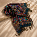 Wool scarf, 'Heritage Mosaic' - Embroidered Patchwork Jacquard Fringed Wool Scarf and Shawl