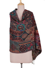 Wool scarf, 'Heritage Mosaic' - Embroidered Patchwork Jacquard Fringed Wool Scarf and Shawl