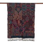 Wool scarf, 'Heritage Mosaic' - Embroidered Patchwork Jacquard Fringed Wool Scarf and Shawl