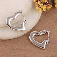 Nickel-coated stainless steel hoop earrings, 'Gleaming Heart' - Modern Nickel-Coated Stainless Steel Heart Hoop Earrings