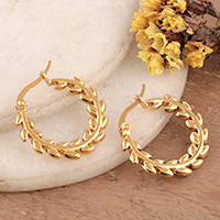 ELP-coated stainless steel hoop earrings, 'Golden Laurel Wreath' - Laurel Wreath ELP-Coated Stainless Steel Hoop Earrings