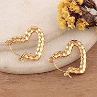 ELP-coated stainless steel hoop earrings, 'Golden Heart' - Modern ELP-Coated Stainless Steel Heart Hoop Earrings