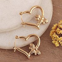 ELP-coated stainless steel hoop earrings, 'Honeybee Love' - Heart Bee-Themed ELP-Coated Stainless Steel Hoop Earrings
