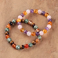 Multi-gemstone beaded stretch bracelets, 'Grounded Glow' (pair) - 2-Piece Multi-Gemstone Stretch Bracelet Set from India