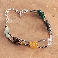 Multi-gemstone beaded wristband bracelet, 'Harmony Path' - Floral-Themed Adjustable Multi-Gemstone Beaded Bracelet