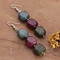 Onyx beaded dangle earrings, 'Rainbow Fantasy' - Dangle Earrings with Teal Magenta Green Square Onyx Beads