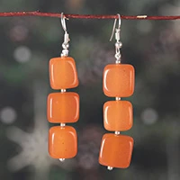 Carnelian beaded dangle earrings, 'Amber Fantasy' - Geometric Dangle Earrings with Cushion Carnelian Beads
