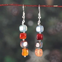 Quartz beaded dangle earrings, 'Rainbow Wonder' - Colorful Dangle Earrings with Cube-Shaped Quartz Gemstones