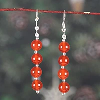 Carnelian beaded dangle earrings, 'Jewels in Fire' - Dangle Earrings with Round Carnelian Gemstones from India