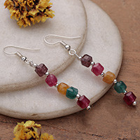 Onyx beaded dangle earrings, 'Rainbow Enchantment' - Multicolored Dangle Earrings with Faceted Cube Onyx Stones