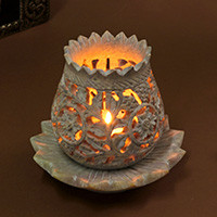 Soapstone tealight candleholder, 'Whispering Vines' - Hand-Carved Lotus-Inspired Soapstone Tealight Candleholder