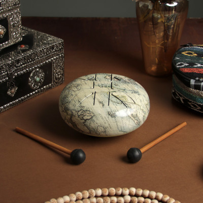Iron drum, 'Global Melodies' - Classic Iron Drum with Mango Wood Sticks and World Map Print