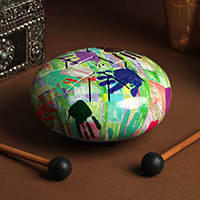 Iron drum, 'United Sounds' - Colorful-Printed Iron Drum with Mango Wood Sticks from India