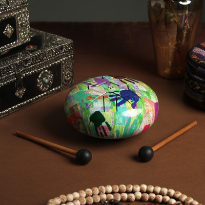 Iron drum, 'United Sounds' - Colorful-Printed Iron Drum with Mango Wood Sticks from India