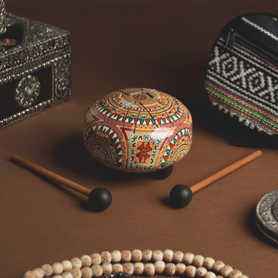 Iron drum, 'Joyful Traditions' - Handmade Mandala-Printed Iron Drum with Mango Wood Sticks