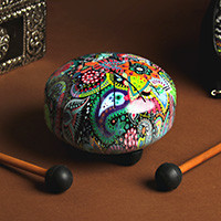 Iron drum, 'Paisley Rhythm' - Multicolor Paisley-Printed Iron Drum with Mango Wood Sticks