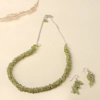 Peridot jewelry set, 'Sparkling Vestiges' - Peridot Beaded Cluster Necklace Dangle Earrings Jewelry Set