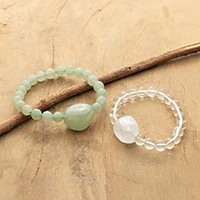 Aventurine and quartz beaded stretch pendant bracelets, 'Forest and Ice' (pair) - 2 Aventurine Clear Quartz Beaded Stretch Pendant Bracelets