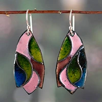 Vitreous enamel and copper dangle earrings, 'Blossom in Motion' - Modern Colorful Vitreous Enamel on Copper Dangle Earrings