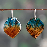 Vitreous enamel and copper dangle earrings, 'Autumn Treasures' - Leaf-Themed Vitreous Enamel on Copper Dangle Earrings