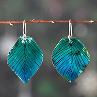 Vitreous enamel and copper dangle earrings, 'Teal Treasures' - Vitreous Enamel on Copper Earrings with Teal Leaf Design