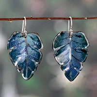 Hand-painted copper dangle earrings, 'Sylvan Winter' - Winter-Themed Blue-Palette Painted Copper Dangle Earrings