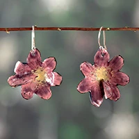 Hand-painted copper dangle earrings, 'Heartfelt Petals' - Artisan-Made Floral Copper Dangle Earrings Painted in Pink