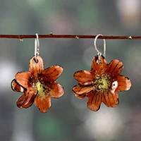 Hand-painted copper dangle earrings, 'Flaming Petals' - Nature-Inspired Hand-Painted Orange Copper Dangle Earrings