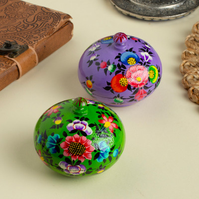 Wood and papier mache decorative boxes, 'Magical Spring' (pair) - 2 Botanical-Themed Wood and Papier Mache Decorative Boxes