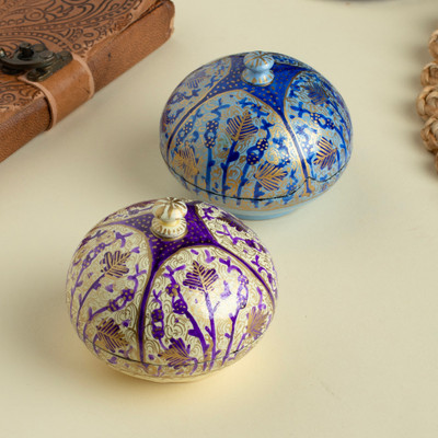 Wood and papier mache decorative boxes, 'Ornate Elegance' (pair) - 2 Ivory Blue Hand-Painted Wood Papier Mache Decorative Boxes
