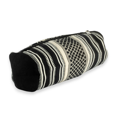 Cotton cosmetic case, 'Adventures at Night' - Artisan-Made Black and Ivory Cotton Cosmetic Case from India