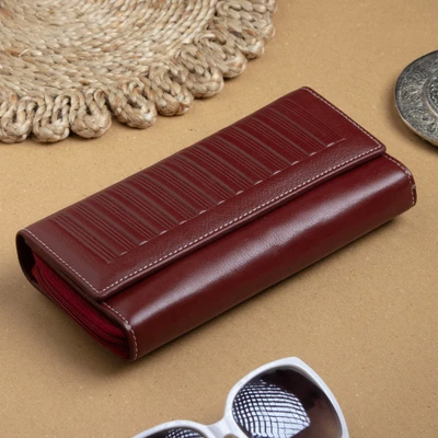 Leather wallet, 'Timeless Mahogany' - Mahogany Leather Wallet Clutch with Embossed Ridge Accents
